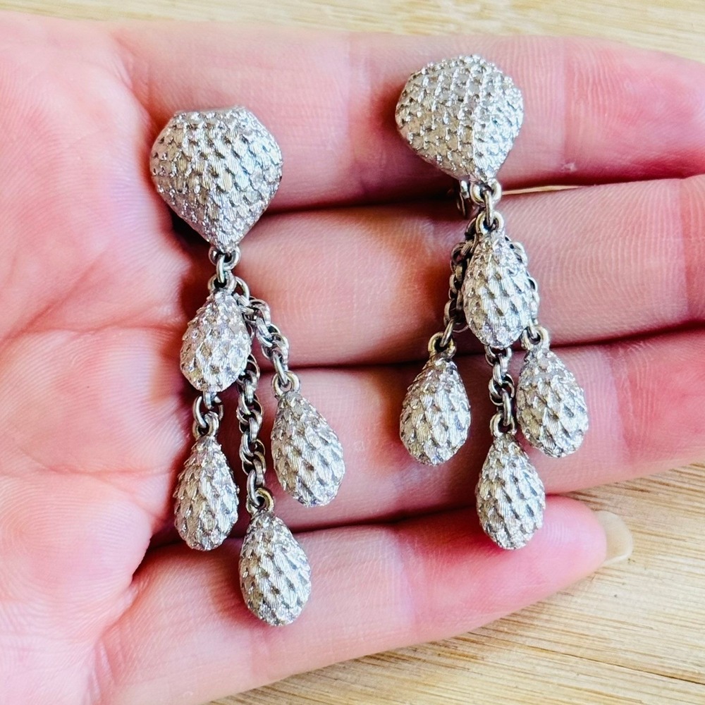 Monet Clip Pinecorn Motif Earrings VTG Regal Dangle Silver Cascading 1960s MCM